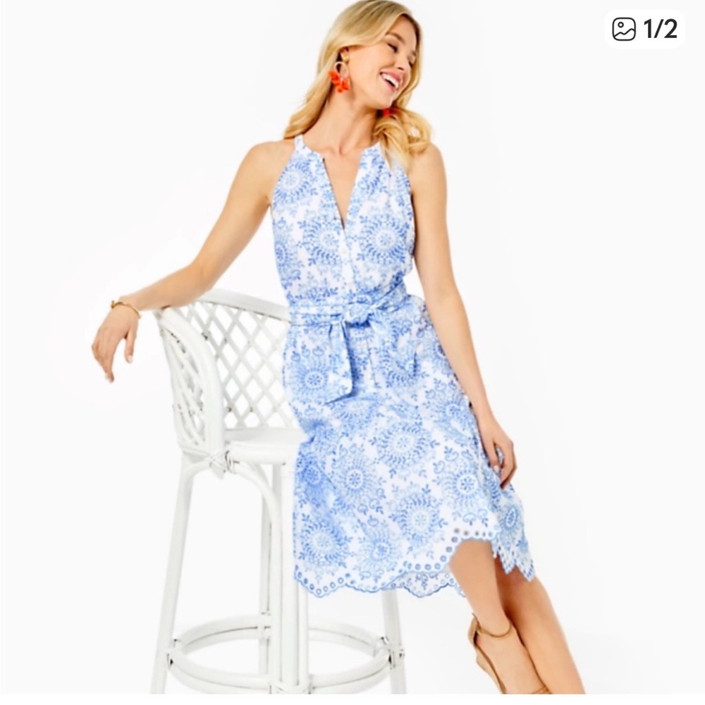 Lilly Pulitzer Midi Dress White Blue Embroidered Eyelet Sleeveless. Size XL.